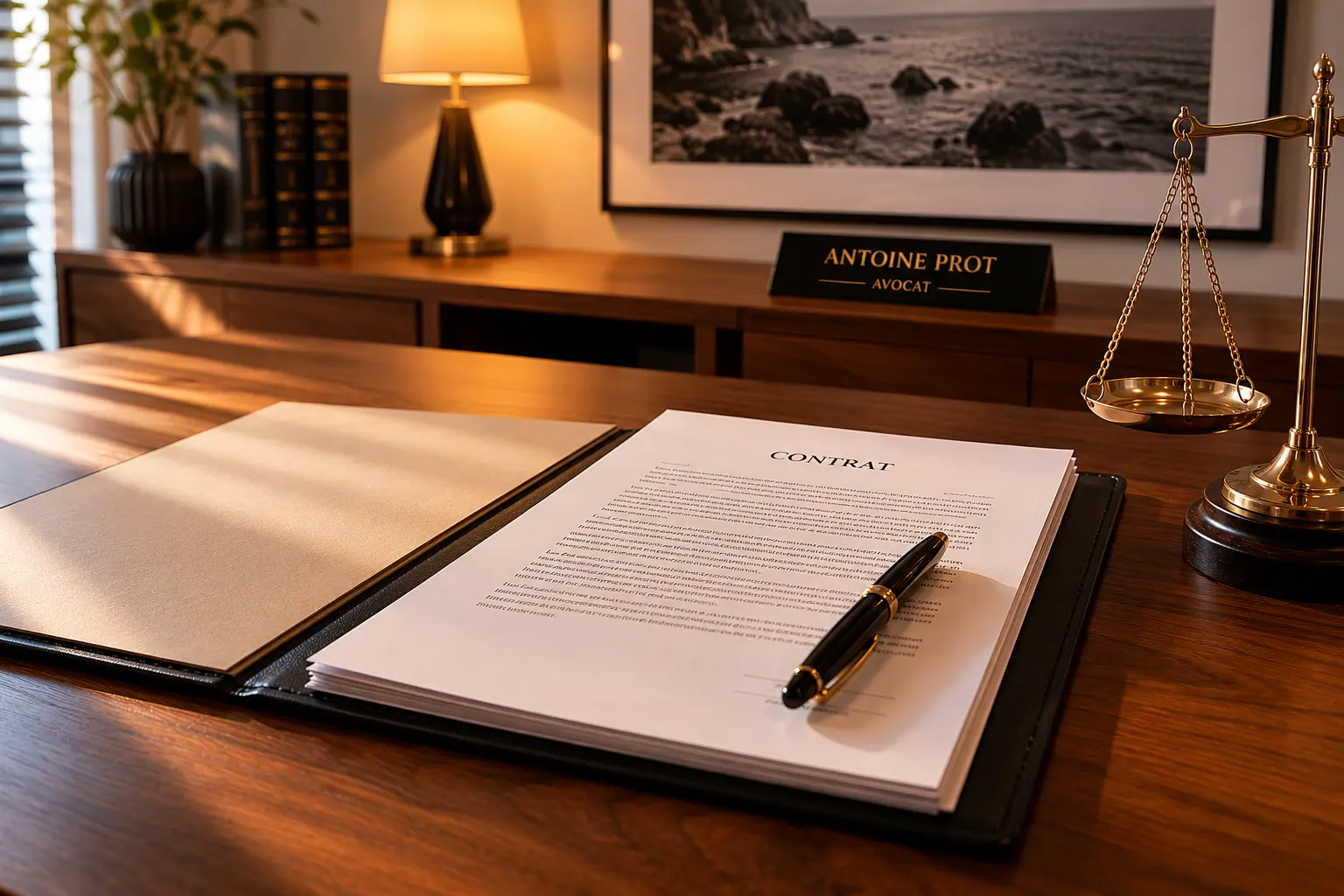 Bureau de Maître Antoine PROT contrat et plaque d'avocat